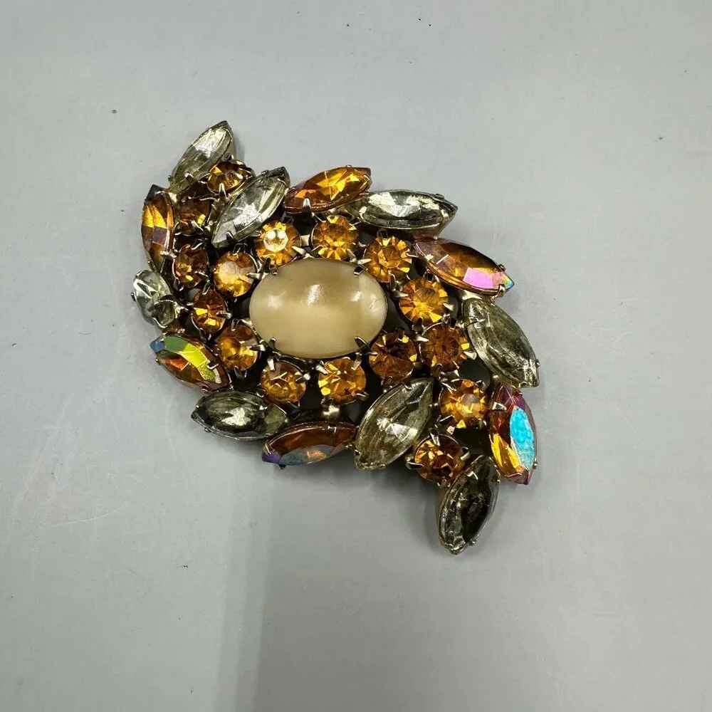 Vintage Amber Color Rhinestone Brooch Silver Tone Navette Aurora Borealis